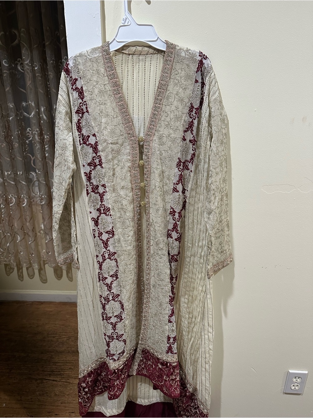 Embroidered Cream and Burgundy Long dress - 4 piece